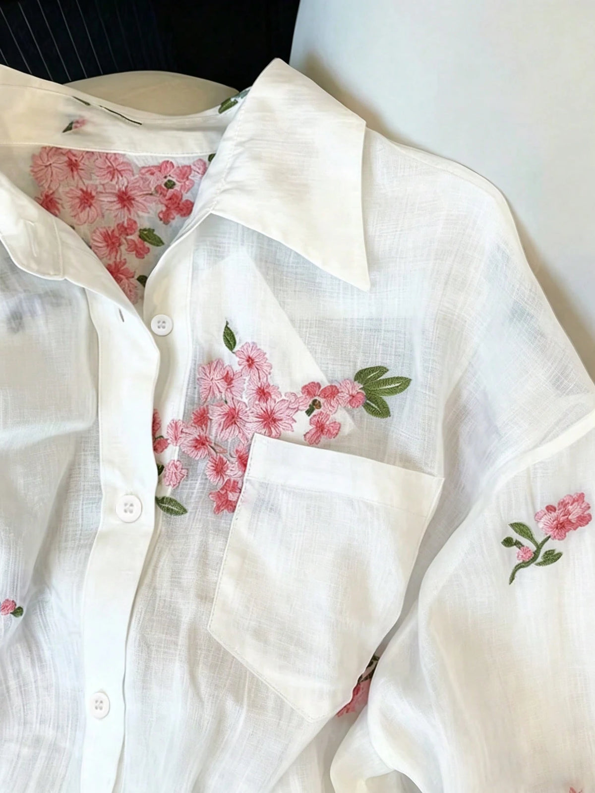 INAWLY Women's Fashion Casual Minimalist Romantic Vacation Embroidered Floral Long Sleeve Button Shirt