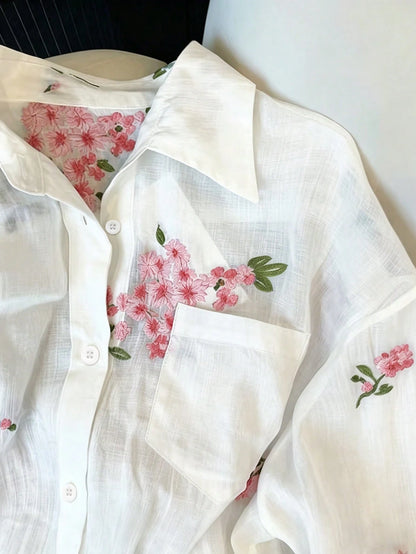 INAWLY Women's Fashion Casual Minimalist Romantic Vacation Embroidered Floral Long Sleeve Button Shirt