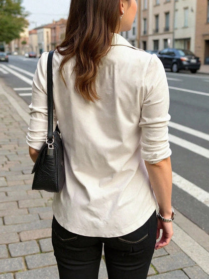 INAWLY Women's Khaki Long Sleeve Cinched Waist Utility Shirt, Casual Outdoor Commuter Wear, Autumn Fall Cloth For Women