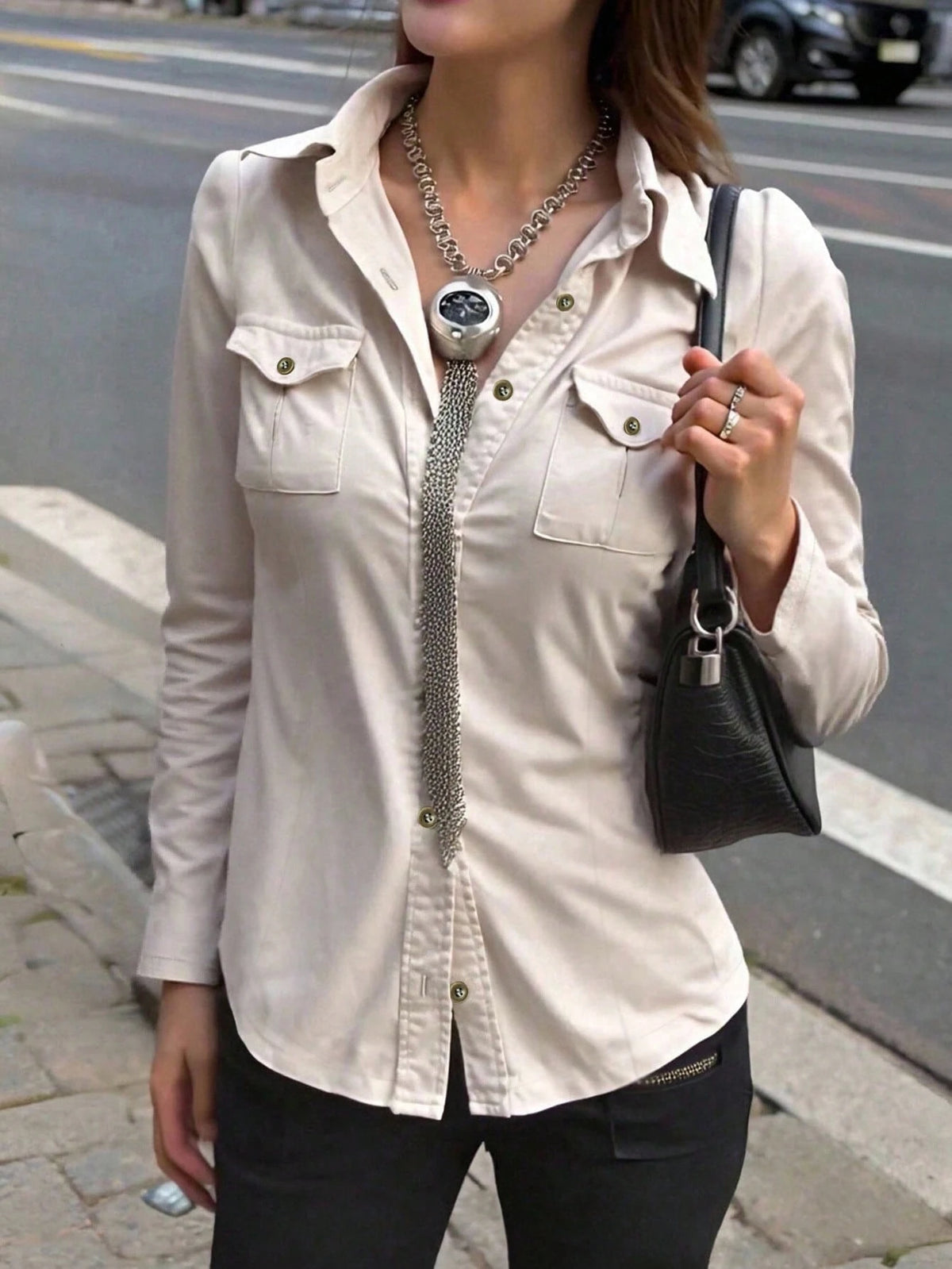 INAWLY Women's Khaki Long Sleeve Cinched Waist Utility Shirt, Casual Outdoor Commuter Wear, Autumn Fall Cloth For Women