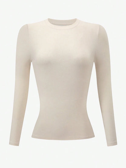 INAWLY Women's Khaki Long Sleeve Fitted Crew Neck T-Shirt