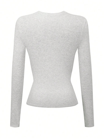 INAWLY Women's Khaki Long Sleeve Fitted Crew Neck T-Shirt