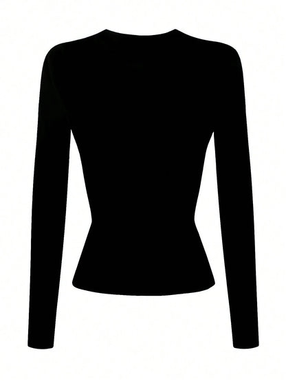 INAWLY Women's Solid Black Crew Neck Long Sleeve Simple T-Shirt, Casual Everyday Wear Fall Cloth For Women