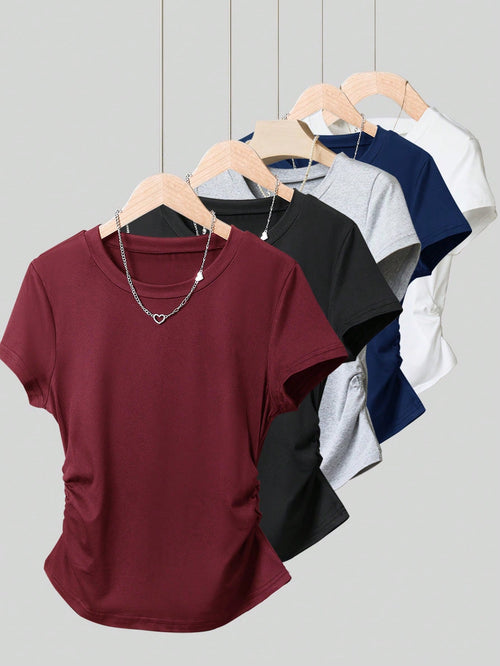 INAWLY Women's Solid Color Round Neck Short Sleeve T-Shirt Top, Fashionable For Summer