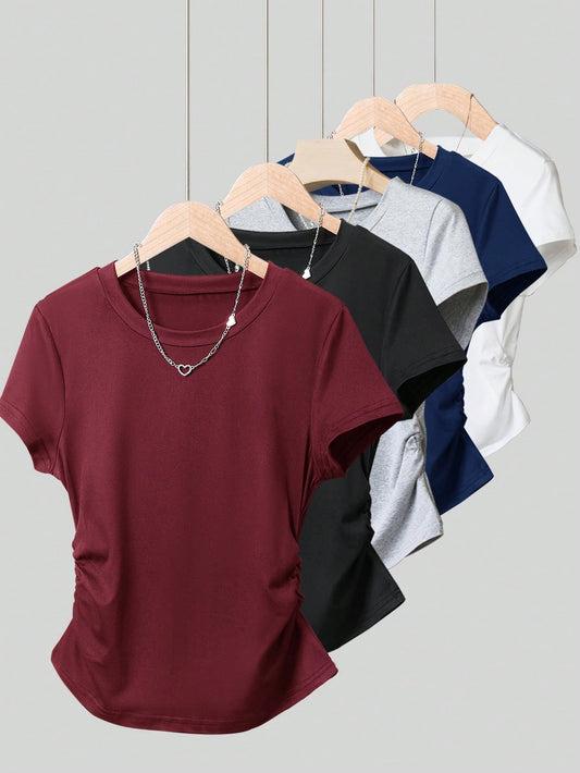 INAWLY Women's Solid Color Round Neck Short Sleeve T-Shirt Top, Fashionable For Summer