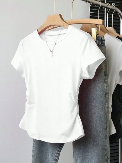 INAWLY Women's Solid Color Round Neck Short Sleeve T-Shirt Top, Fashionable For Summer