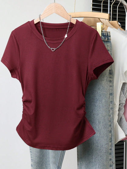 INAWLY Women's Solid Color Round Neck Short Sleeve T-Shirt Top, Fashionable For Summer