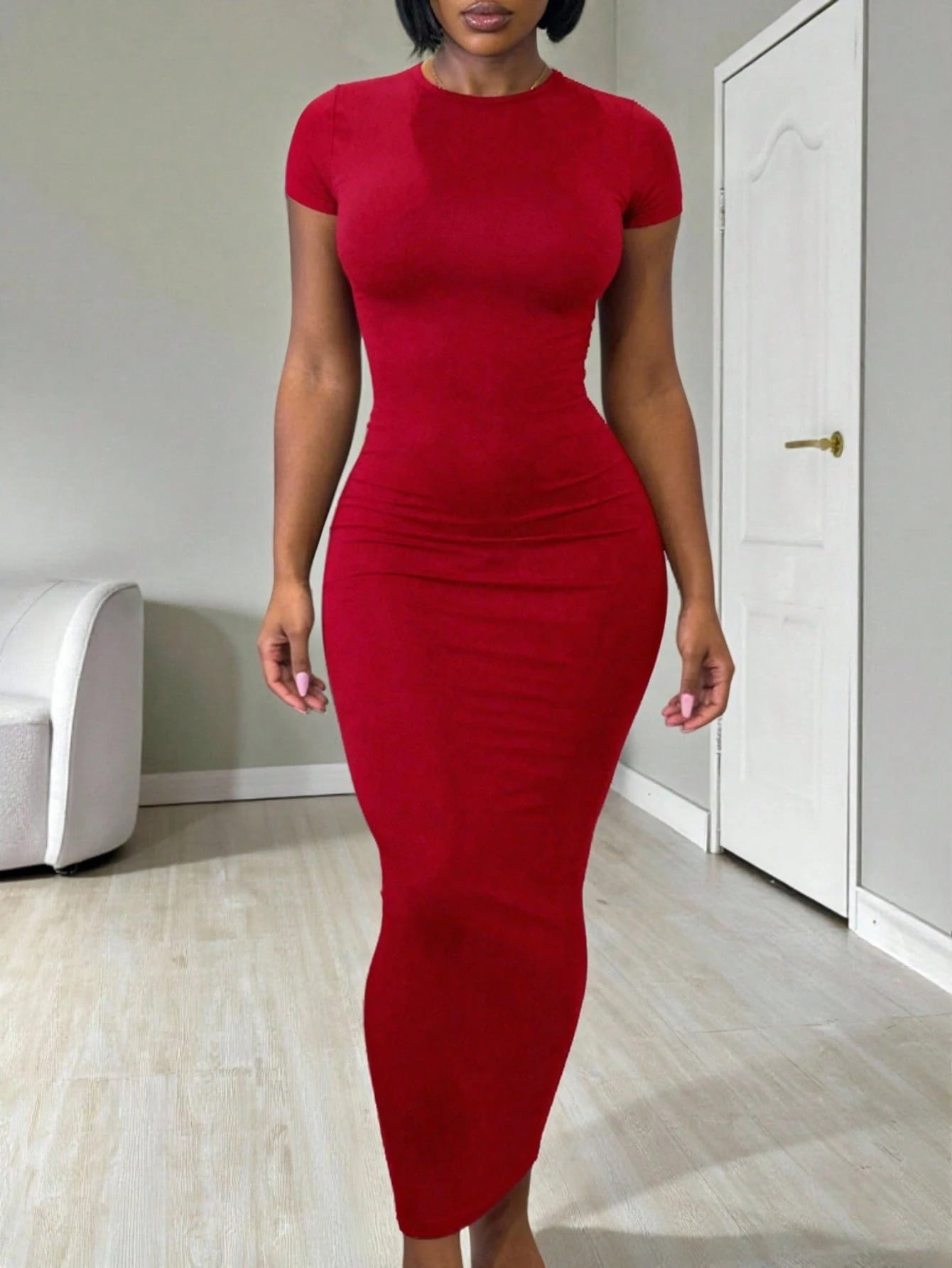 INAWLY Women's Solid Color Slim Fit Short Sleeve Dress For Daily Wear In Summer