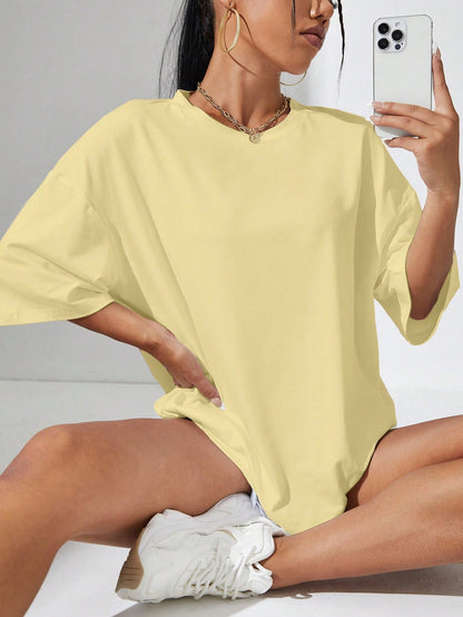 INAWLY Women Solid Color Round Neck Dropped Shoulder Casual Loose T-Shirt