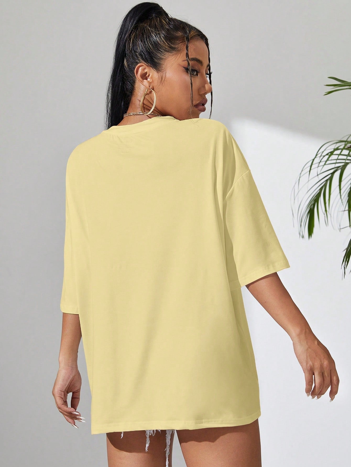 INAWLY Women Solid Color Round Neck Dropped Shoulder Casual Loose T-Shirt