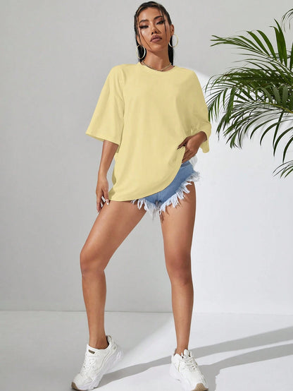 INAWLY Women Solid Color Round Neck Dropped Shoulder Casual Loose T-Shirt