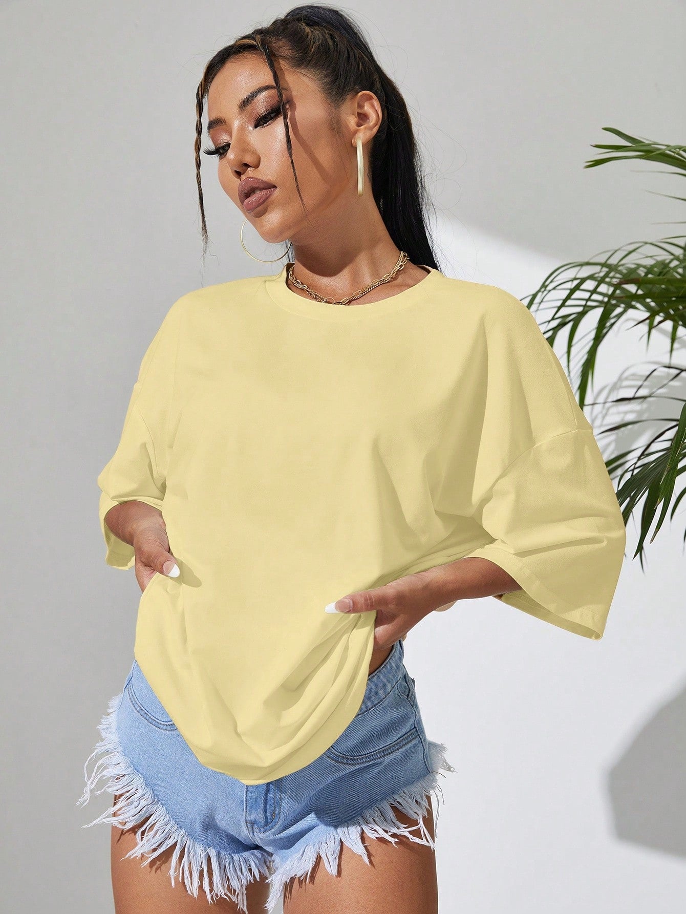 INAWLY Women Solid Color Round Neck Dropped Shoulder Casual Loose T-Shirt