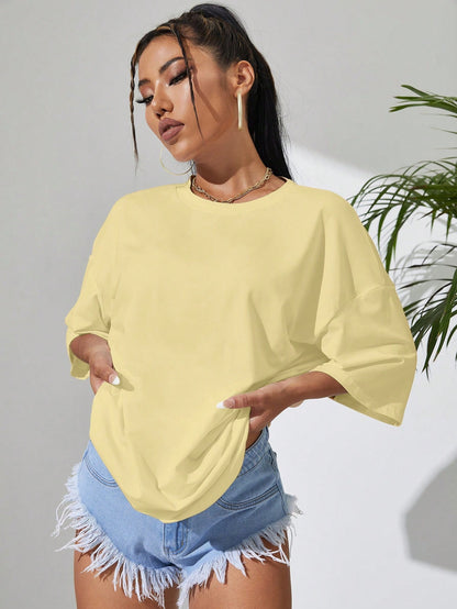 INAWLY Women Solid Color Round Neck Dropped Shoulder Casual Loose T-Shirt