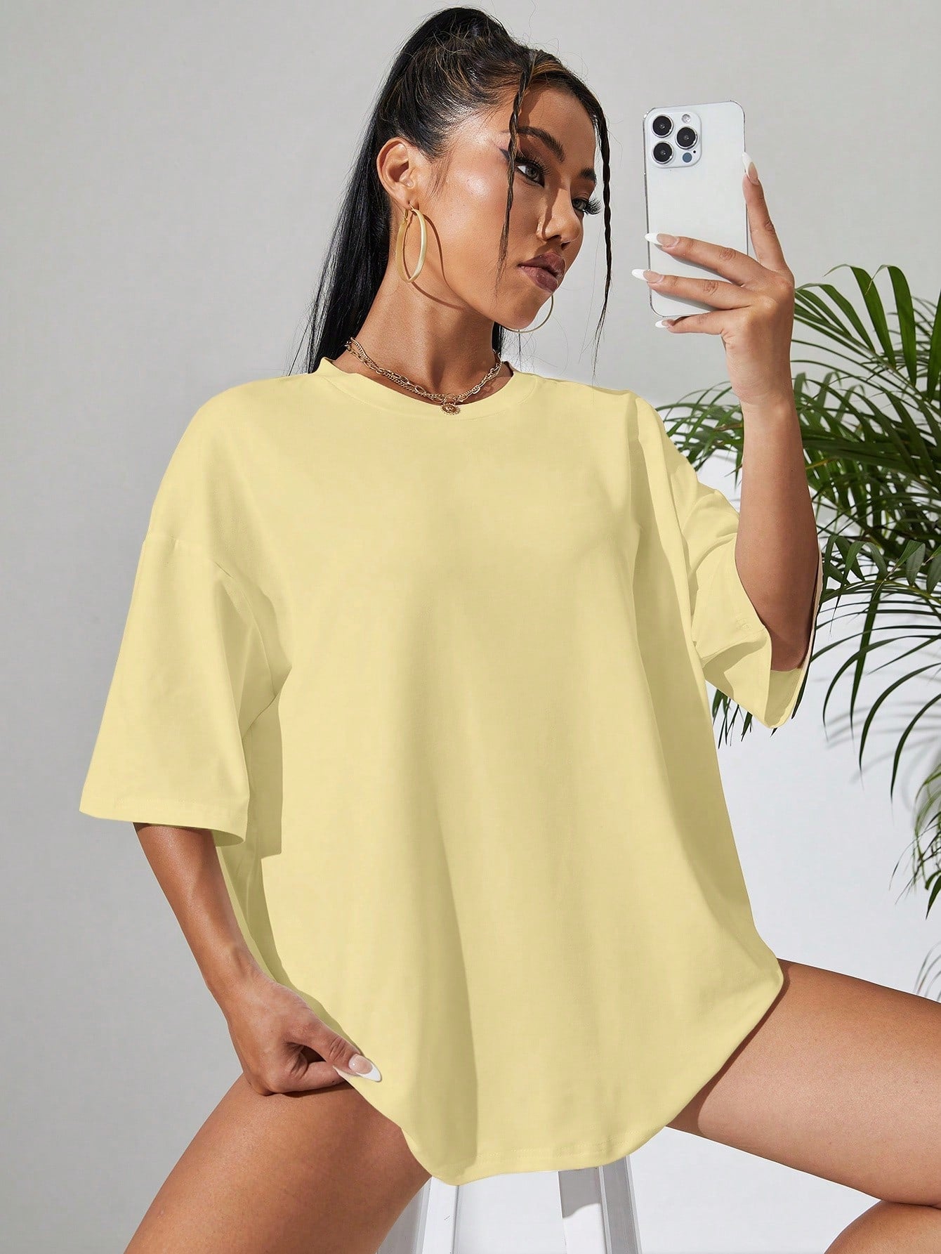 INAWLY Women Solid Color Round Neck Dropped Shoulder Casual Loose T-Shirt