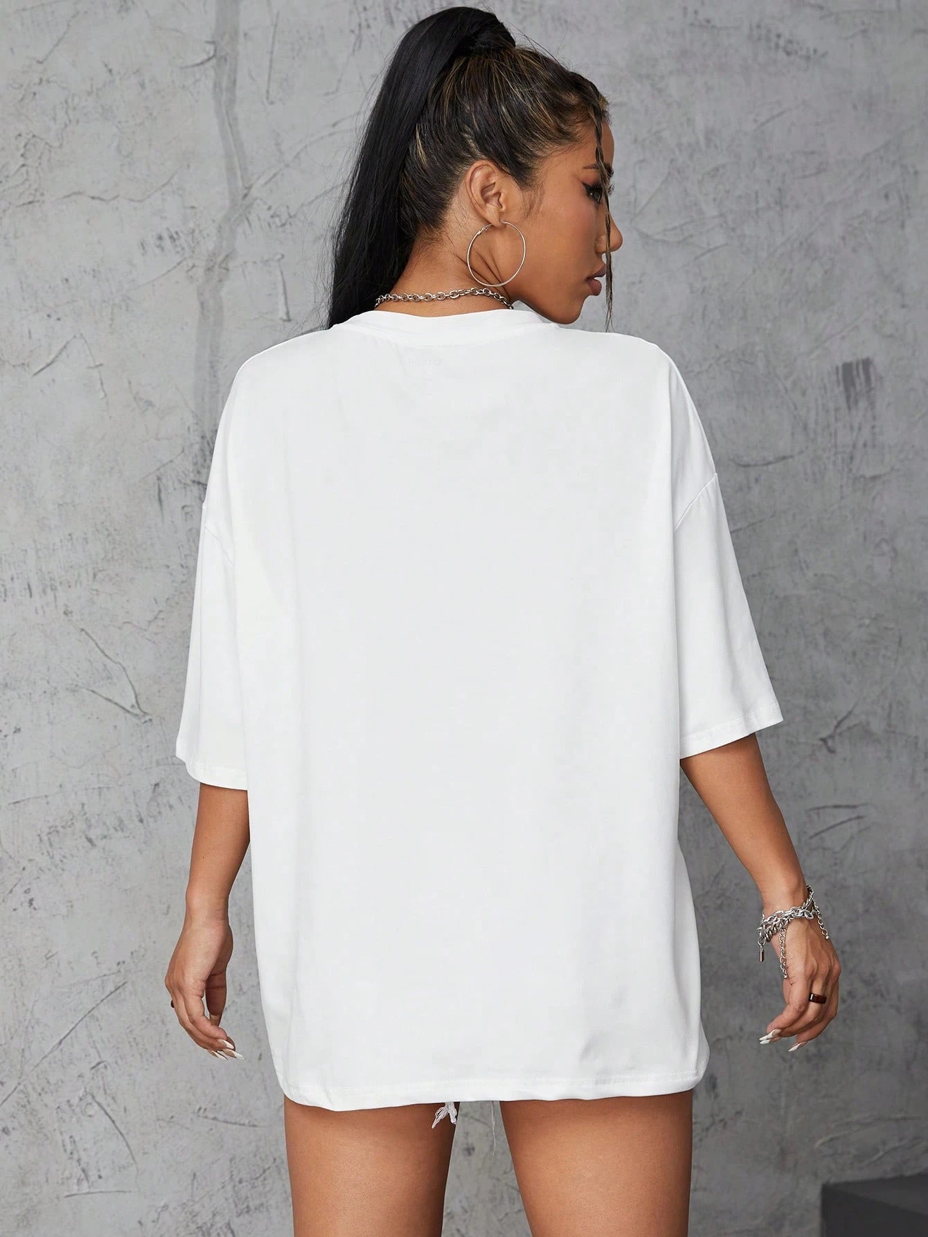 INAWLY Women Solid Color Round Neck Dropped Shoulder Casual Loose T-Shirt