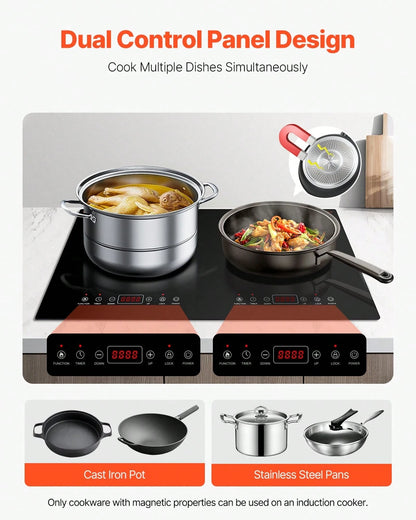 Induction Cooktop, 1800W Electric Countertop Burner, 2 Burner Touch Control Stove, Built-In Induction Cooktop With 9 Power Settings, Child Safety Lock, Timer, Glass Surface