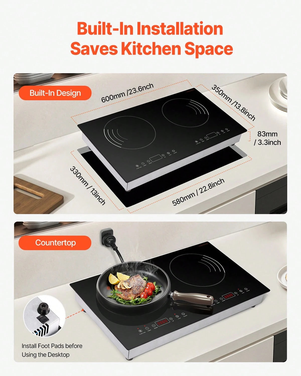 Induction Cooktop, 1800W Electric Countertop Burner, 2 Burner Touch Control Stove, Built-In Induction Cooktop With 9 Power Settings, Child Safety Lock, Timer, Glass Surface