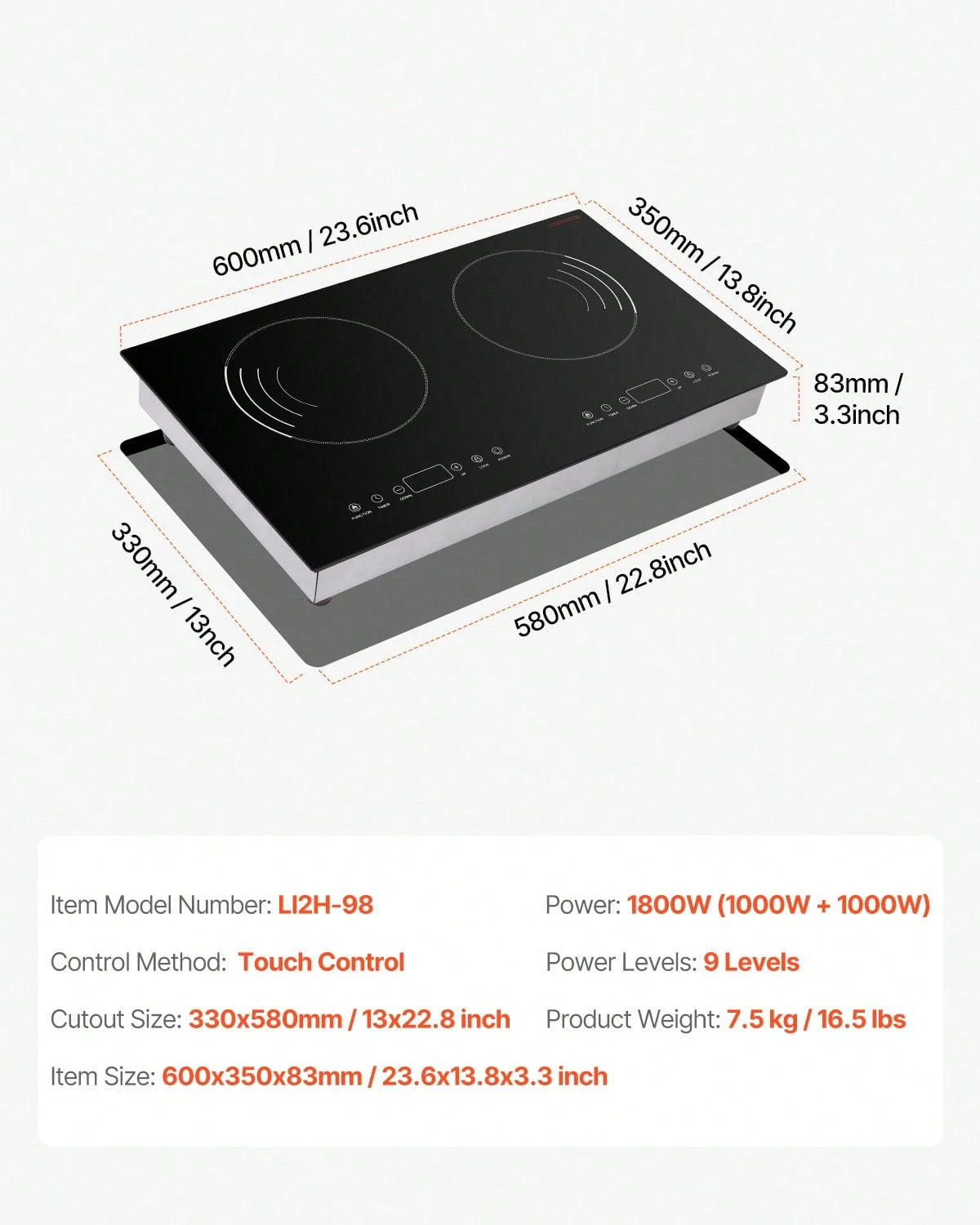Induction Cooktop, 1800W Electric Countertop Burner, 2 Burner Touch Control Stove, Built-In Induction Cooktop With 9 Power Settings, Child Safety Lock, Timer, Glass Surface