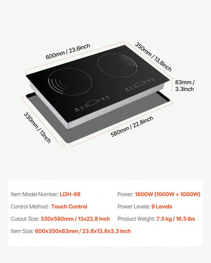 Induction Cooktop, 1800W Electric Countertop Burner, 2 Burner Touch Control Stove, Built-In Induction Cooktop With 9 Power Settings, Child Safety Lock, Timer, Glass Surface