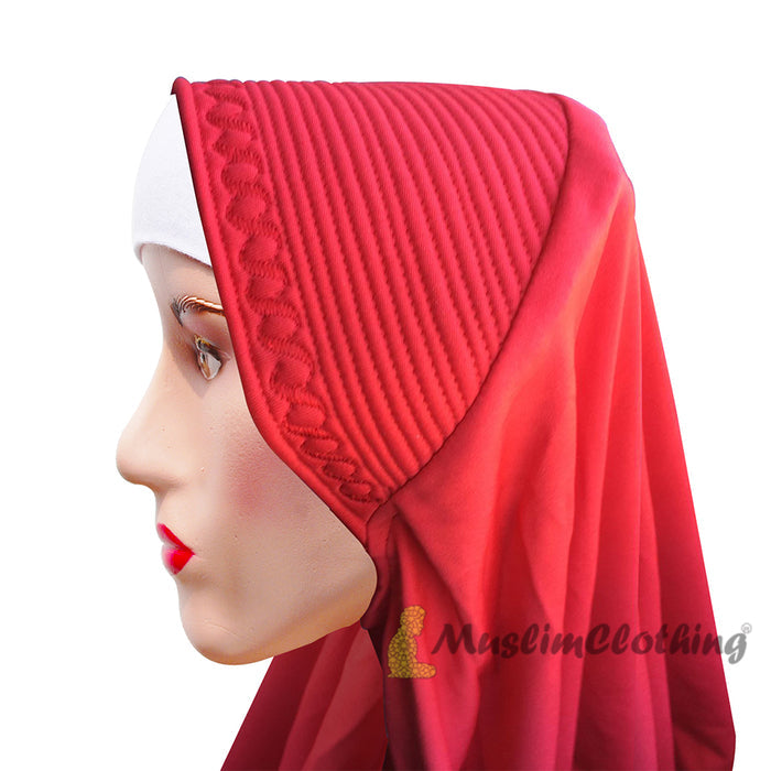 Instant Pull-On Easy Hijab Jilbab In Various Red - Padded Visser Shoulder-Length Easy Muslimah Khimar