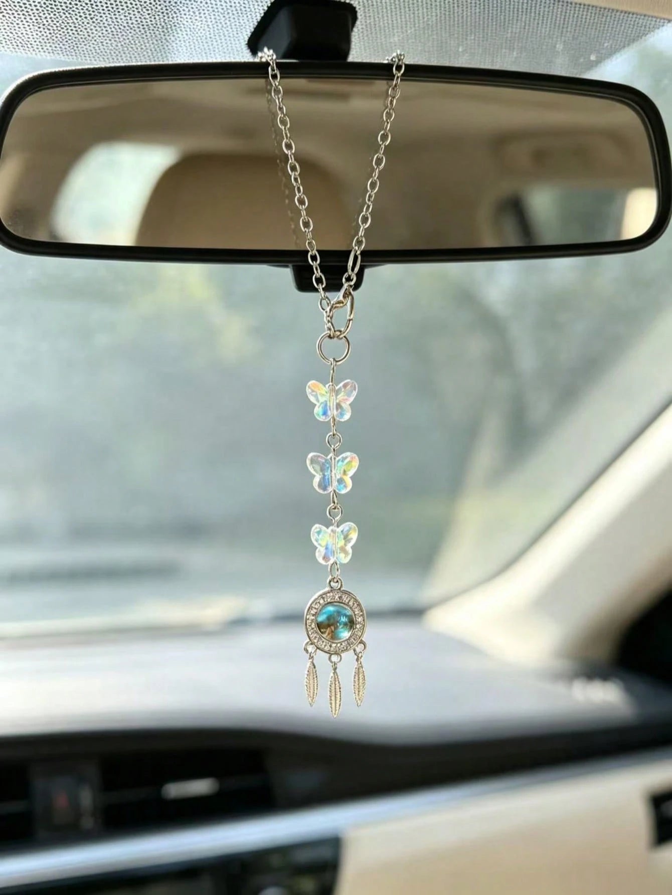 Iridescent Crystal Butterfly Dream Catcher Car Rearview Mirror Hanging Ornament, Silver Feather Pendant Fairy Style Car Interior Decor Pendant For Girls