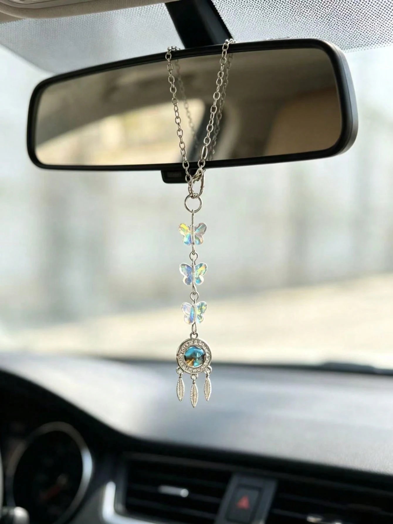 Iridescent Crystal Butterfly Dream Catcher Car Rearview Mirror Hanging Ornament, Silver Feather Pendant Fairy Style Car Interior Decor Pendant For Girls