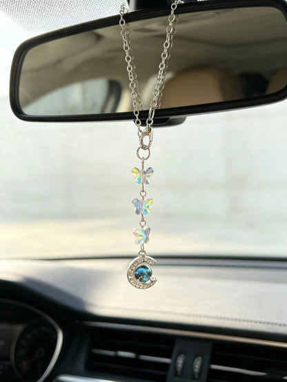 Iridescent Crystal Butterfly Dream Catcher Car Rearview Mirror Hanging Ornament, Silver Feather Pendant Fairy Style Car Interior Decor Pendant For Girls