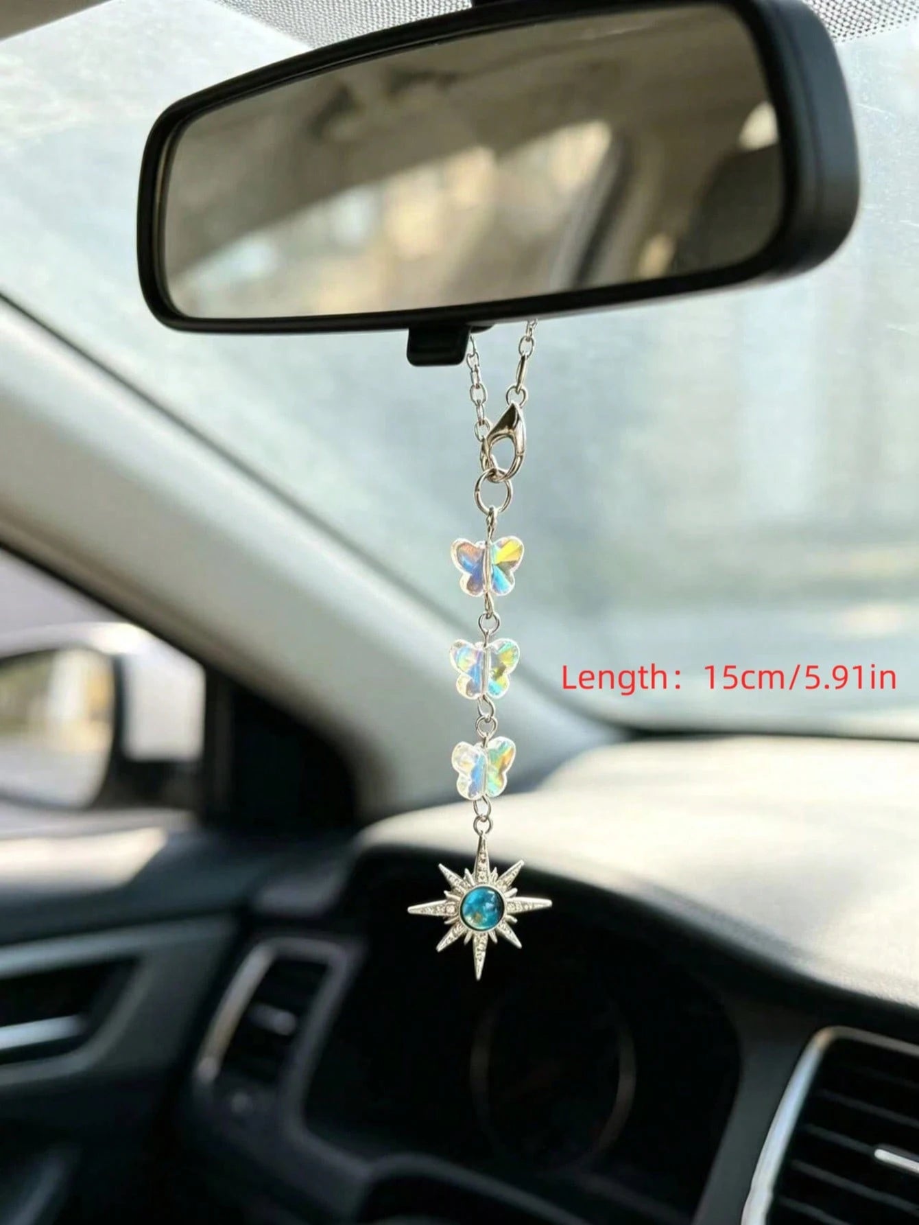 Iridescent Crystal Butterfly Dream Catcher Car Rearview Mirror Hanging Ornament, Silver Feather Pendant Fairy Style Car Interior Decor Pendant For Girls