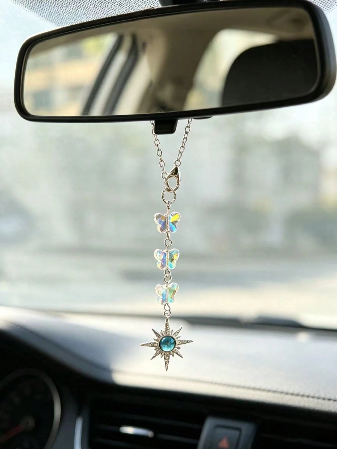 Iridescent Crystal Butterfly Dream Catcher Car Rearview Mirror Hanging Ornament, Silver Feather Pendant Fairy Style Car Interior Decor Pendant For Girls
