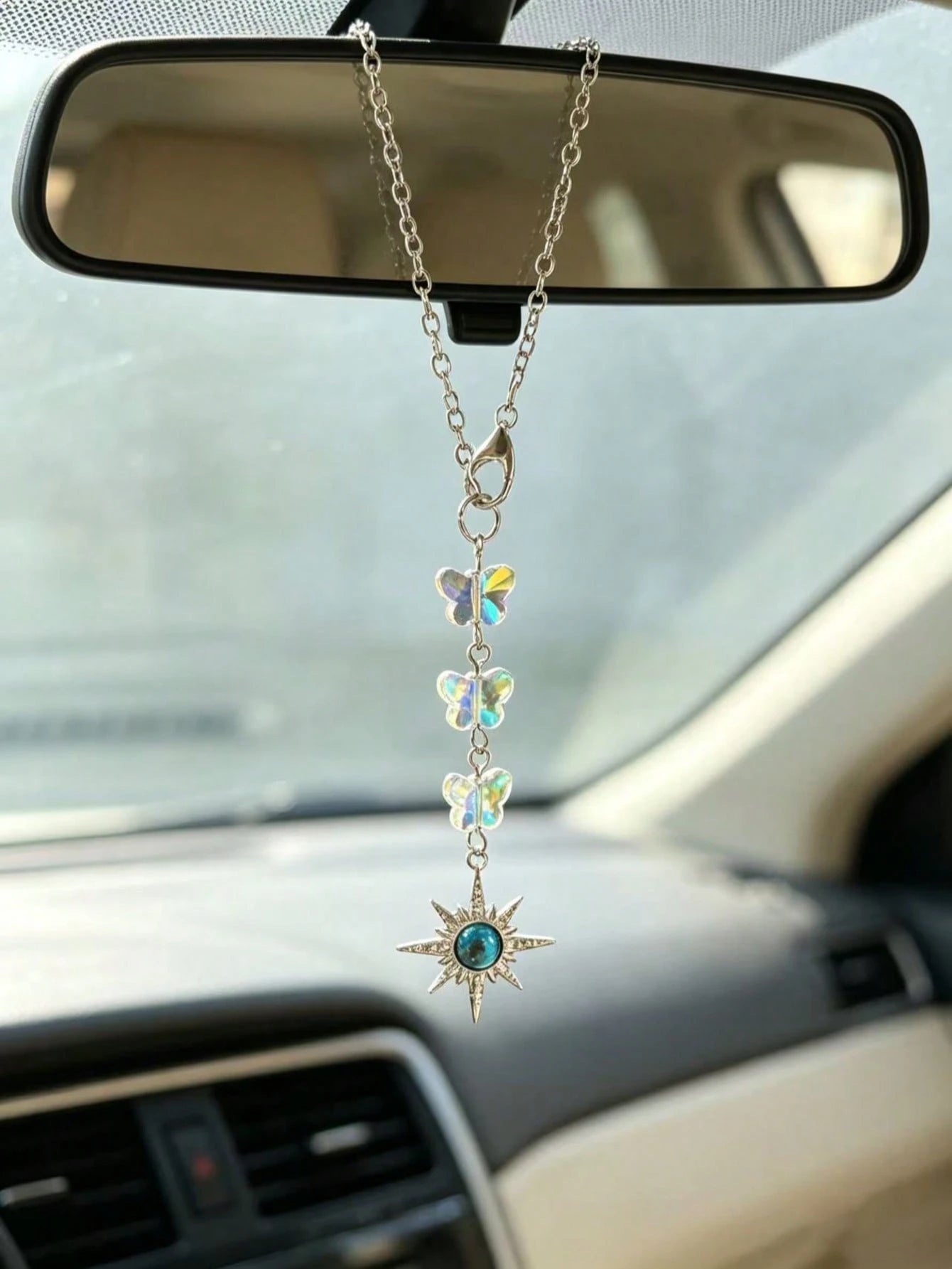 Iridescent Crystal Butterfly Dream Catcher Car Rearview Mirror Hanging Ornament, Silver Feather Pendant Fairy Style Car Interior Decor Pendant For Girls