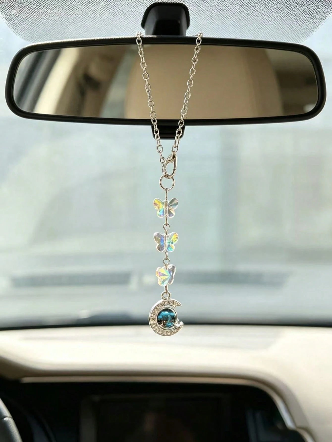 Iridescent Crystal Butterfly Dream Catcher Car Rearview Mirror Hanging Ornament, Silver Feather Pendant Fairy Style Car Interior Decor Pendant For Girls
