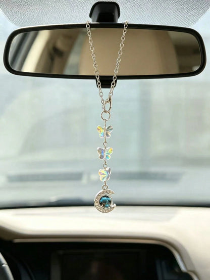 Iridescent Crystal Butterfly Dream Catcher Car Rearview Mirror Hanging Ornament, Silver Feather Pendant Fairy Style Car Interior Decor Pendant For Girls