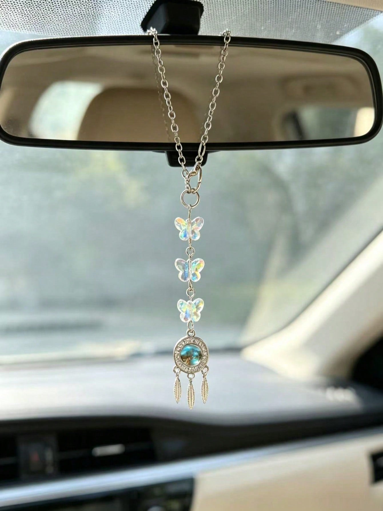 Iridescent Crystal Butterfly Dream Catcher Car Rearview Mirror Hanging Ornament, Silver Feather Pendant Fairy Style Car Interior Decor Pendant For Girls