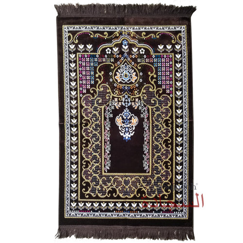 Islamic Prayer Carpet - Dark Brown Colorful Mehrab Flowers Ja Namaz Salah Carpet Embossed Velvet Seccade