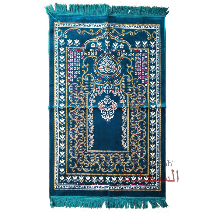 Islamic Prayer Carpet - Dark Teal Blue Colorful Mehrab Flowers Ja Namaz Salah Carpet Embossed Velvet Seccade