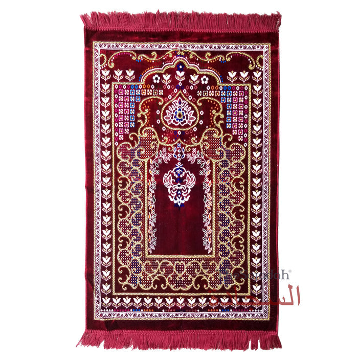Islamic Prayer Carpet - Maroon Colorful Mehrab Flowers Ja Namaz Salah Carpet Embossed Velvet Seccade