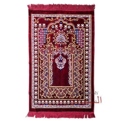 Islamic Prayer Carpet - Maroon Colorful Mehrab Flowers Ja Namaz Salah Carpet Embossed Velvet Seccade