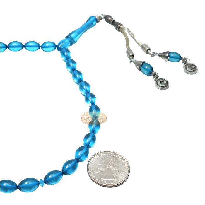 Islamic Symbol Tasbih Blue 33-Ct Acrylic 7x11 mm Oval Turkish Dhikr Prayer Beads