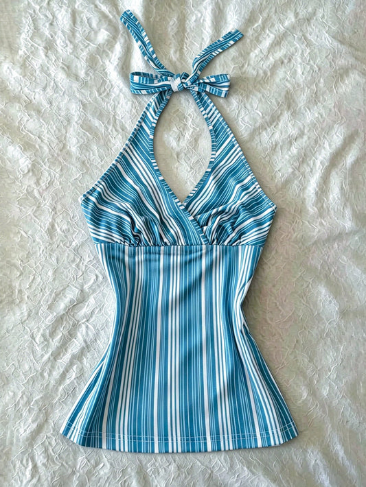 IslaSuriya Digital Print Women's Striped Print Halter Backless Tie Strap Camisole