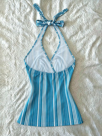 IslaSuriya Digital Print Women's Striped Print Halter Backless Tie Strap Camisole
