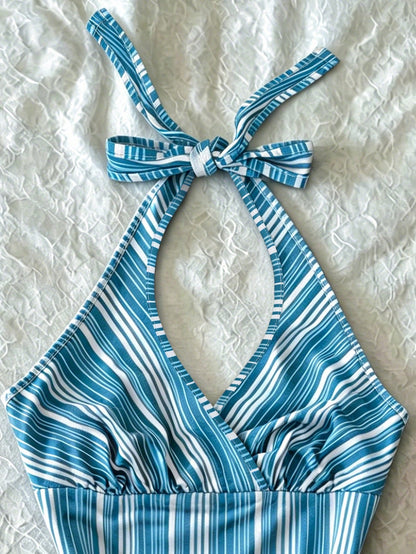 IslaSuriya Digital Print Women's Striped Print Halter Backless Tie Strap Camisole