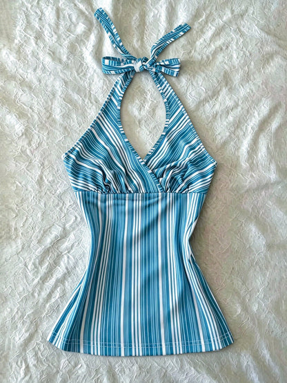 IslaSuriya Digital Print Women's Striped Print Halter Backless Tie Strap Camisole