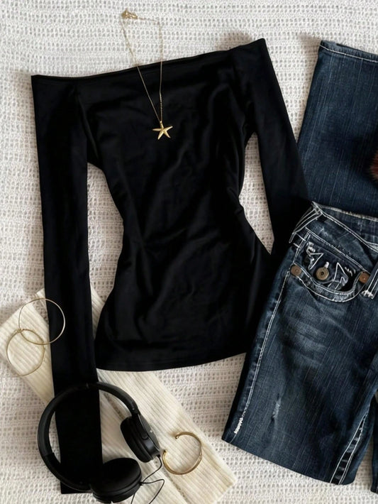 IslaSuriya Fashionable Minimalist Off-Shoulder Long Sleeve T-Shirt, Gift For Friends