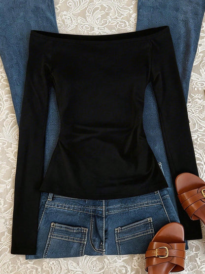 IslaSuriya Fashionable Minimalist Off-Shoulder Long Sleeve T-Shirt, Gift For Friends