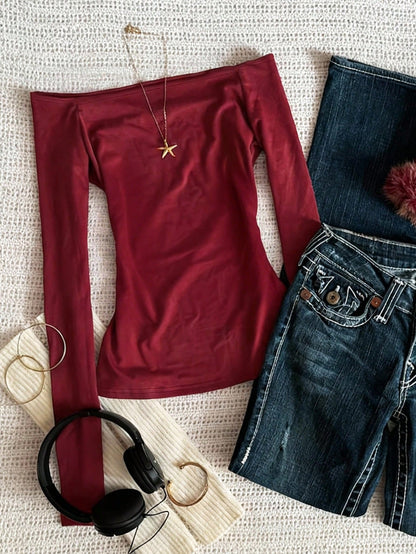 IslaSuriya Fashionable Minimalist Off-Shoulder Long Sleeve T-Shirt, Gift For Friends
