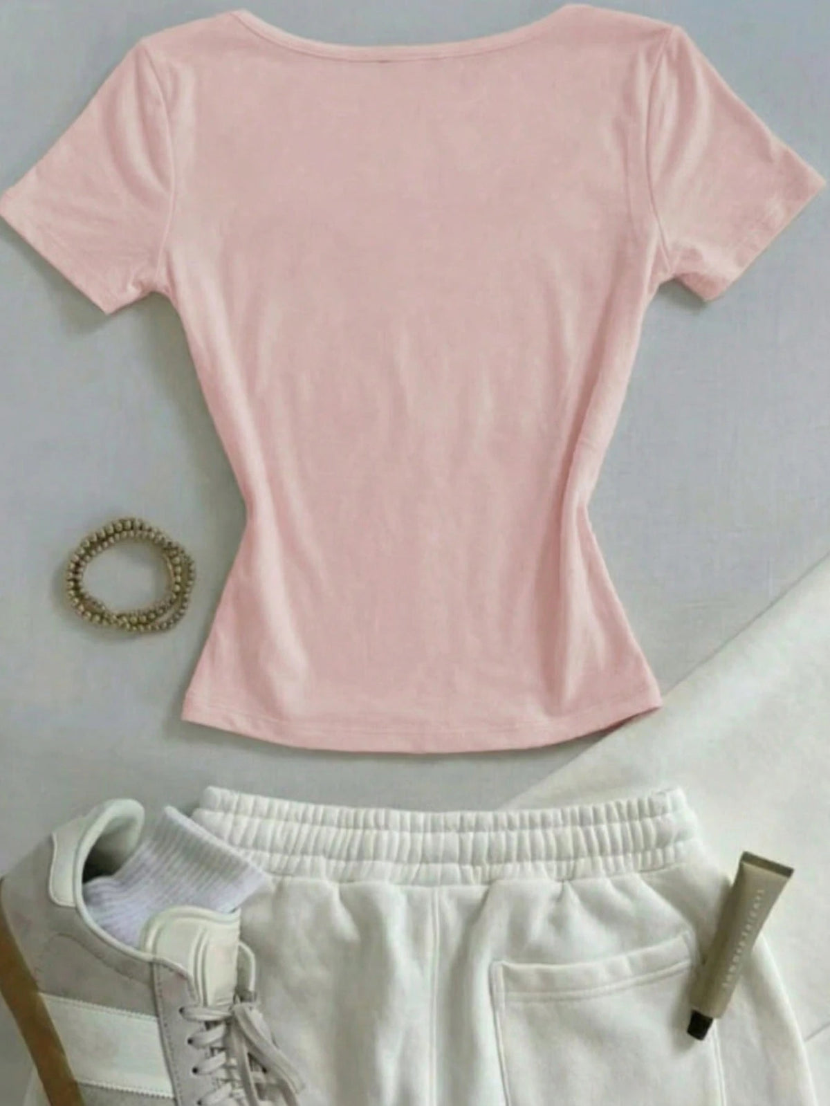 IslaSuriya Minimalist Fashion Light Pink Square Neck Slim-Fit Short-Sleeve T-Shirt,Summer Casual Occasion Top For Mom Or Sisters Mother's Day Gift