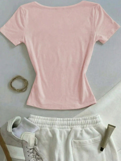 IslaSuriya Minimalist Fashion Light Pink Square Neck Slim-Fit Short-Sleeve T-Shirt,Summer Casual Occasion Top For Mom Or Sisters Mother's Day Gift