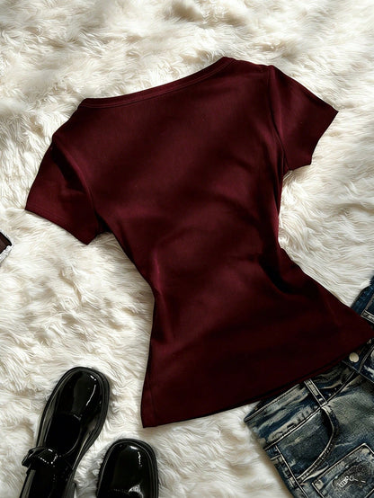 IslaSuriya Summer Casual Color Block Lace Trim Women's Short Sleeve T-Shirt