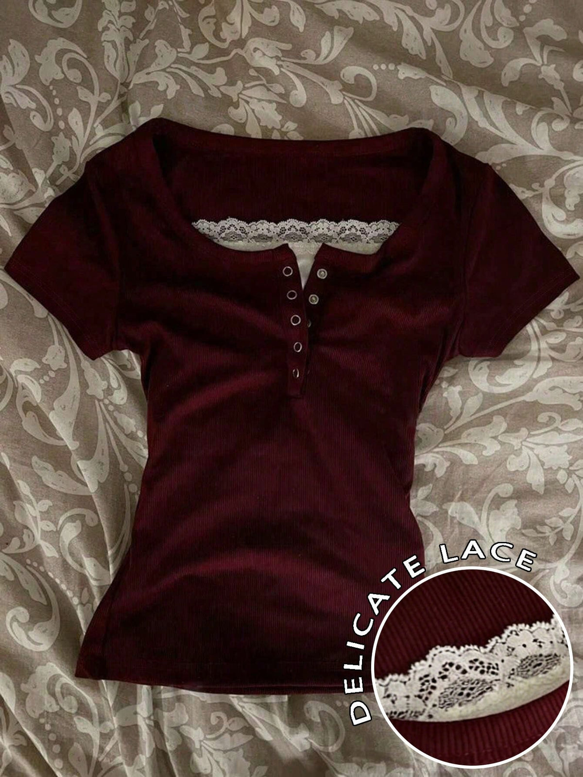 IslaSuriya Summer Casual Color Block Lace Trim Women's Short Sleeve T-Shirt