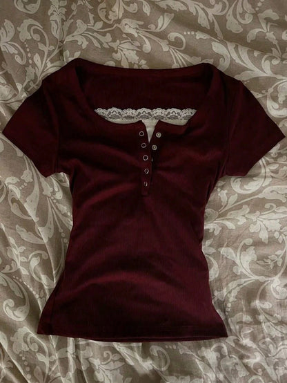 IslaSuriya Summer Casual Color Block Lace Trim Women's Short Sleeve T-Shirt